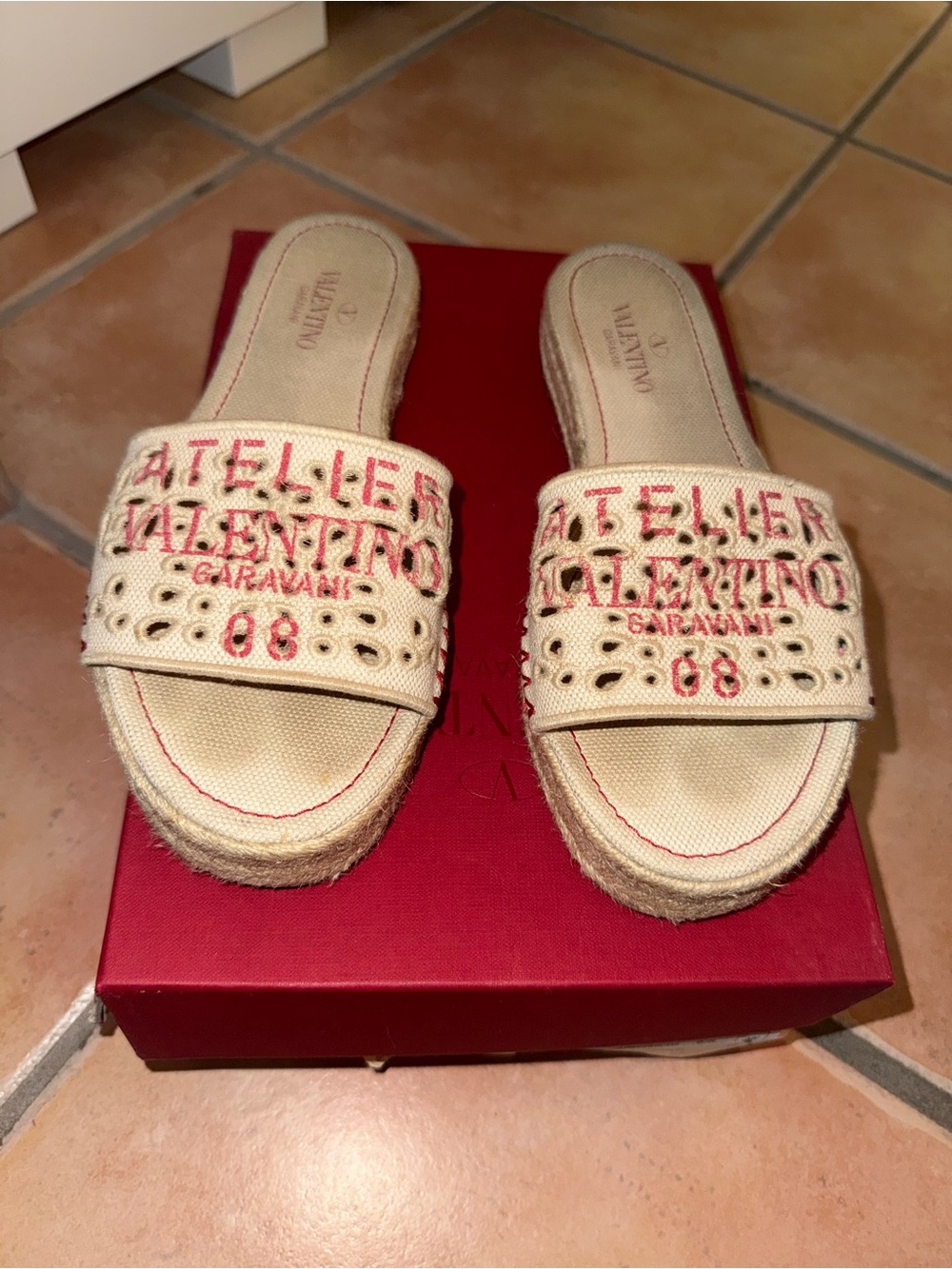 Valentino Natural Canvas Espadrille Slides with Red Embroidery